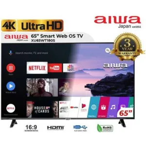 Aiwa LED TV 65Inch Smart Android, 4K, 3 HDMI, 2 USB, Voice Control, Netflix, Prime View tv stand, curved tv