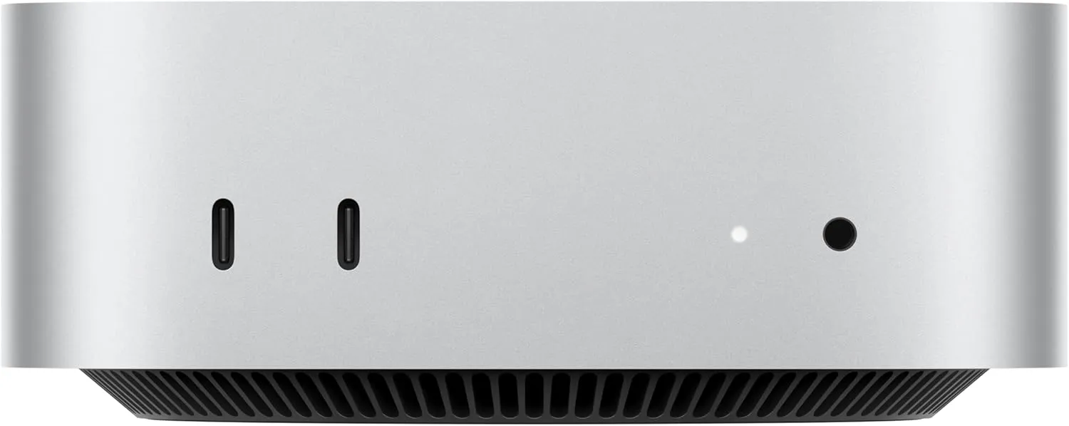 Apple Mac Mini, M4 Pro chip with 12core CPU and 16core GPU, 24GB, 512GB SSD, Silver tv stand, curved tv