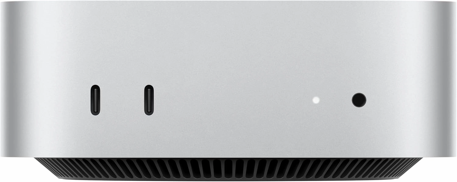 Apple Mac Mini, M4 chip with 10core CPU and 10core GPU, 16GB, 512GB SSD, Silver tv stand, curved tv