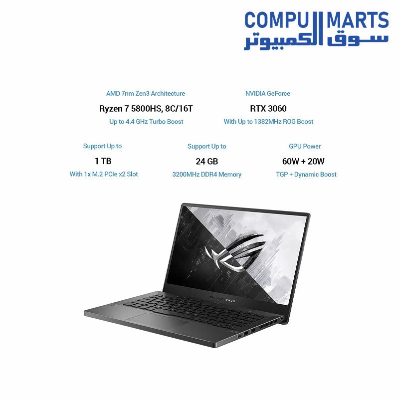 ASUS ROG Zephyrus G14 (2021), 14 INCH  WQHD 120Hz, Ryzen 9 5900HS, RTX 3060 6GB  Gaming Laptop (16GB/1TB SSD/Office 2019/Windows 10/Eclipse Gray/Anime Matrix/1.7 Kg), GA401QM-K2012T