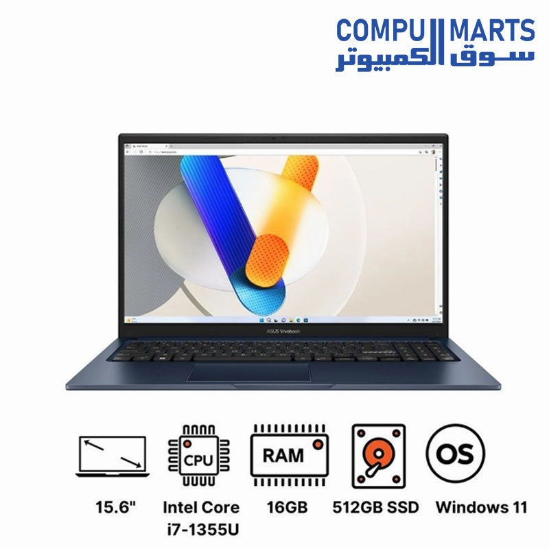 ASUS Vivobook 15 Laptop, Intel Core i7-1355U, 512GB M.2 NVMe PCIe 3.0 SSD, 16GB RAM, 15.6 Inch, FHD, 60Hz, Intel Iris Xe Graphics, Windows 11, Quiet Blue - X1504VA-NJ067W