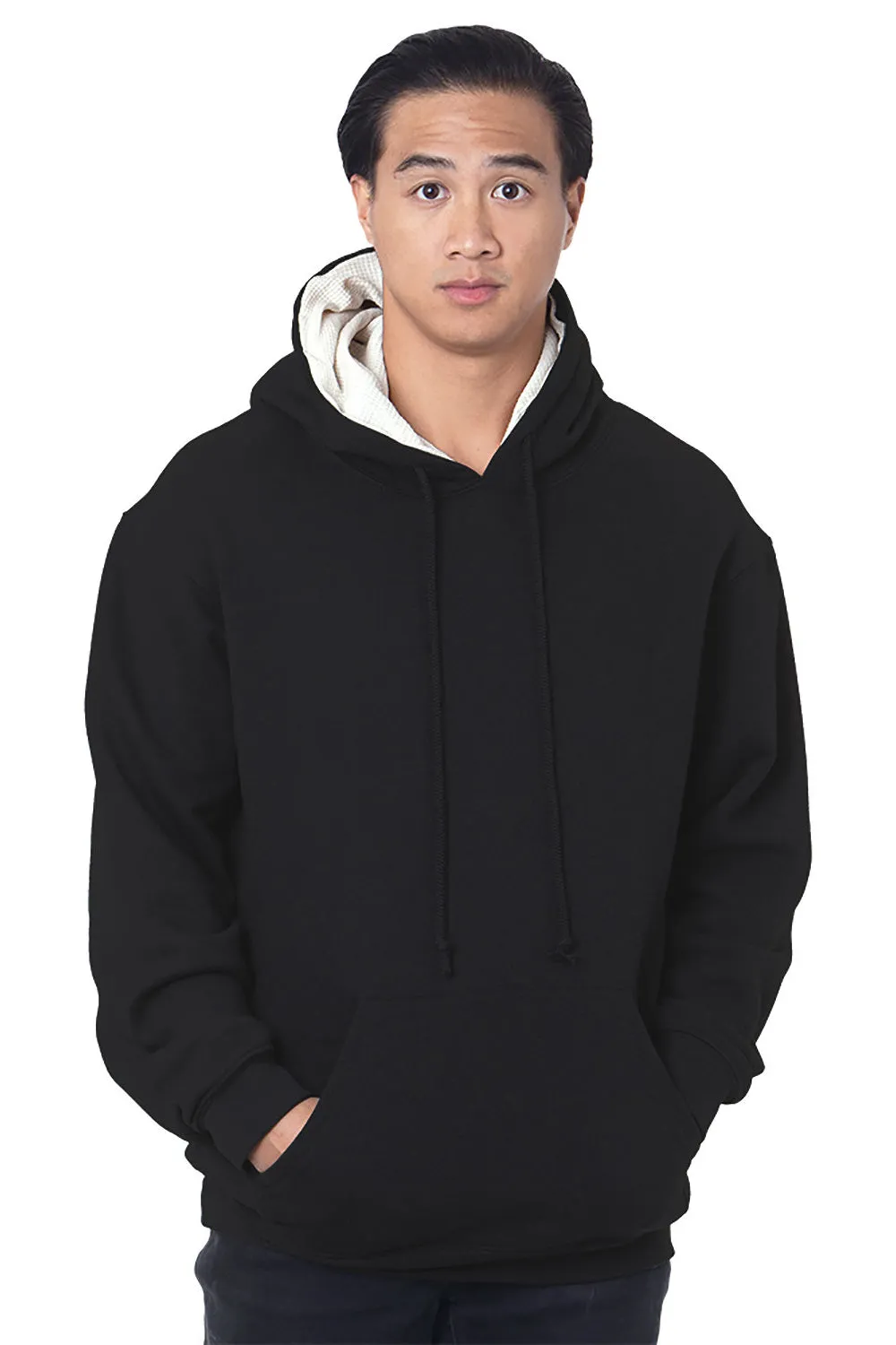 Bayside Mens Thermal Lined Hooded Sweatshirt Hoodie w/ Pouch Pocket - Black