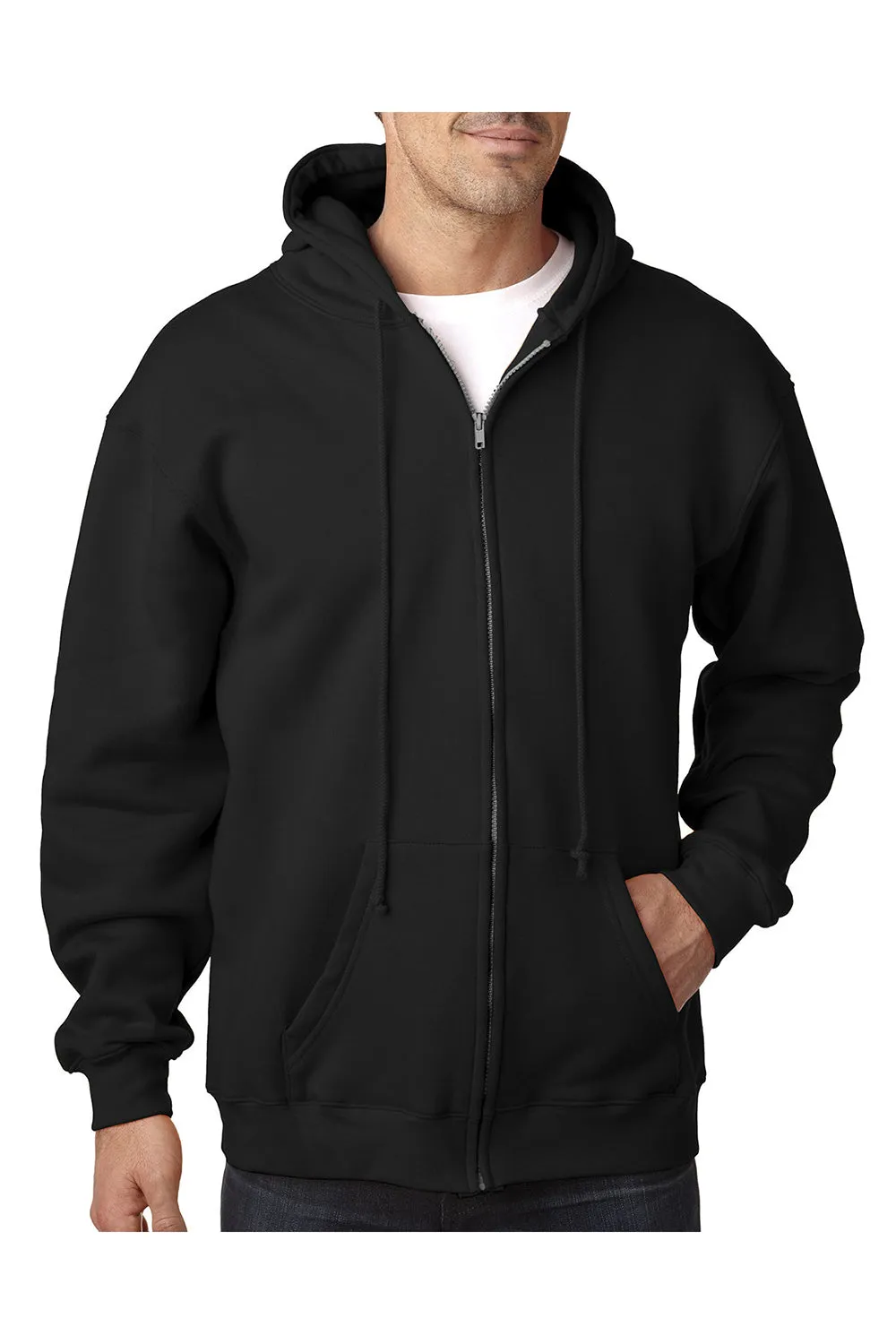 Bayside Mens USA Made Full Zip Hooded Sweatshirt Hoodie w/ Pockets - Black