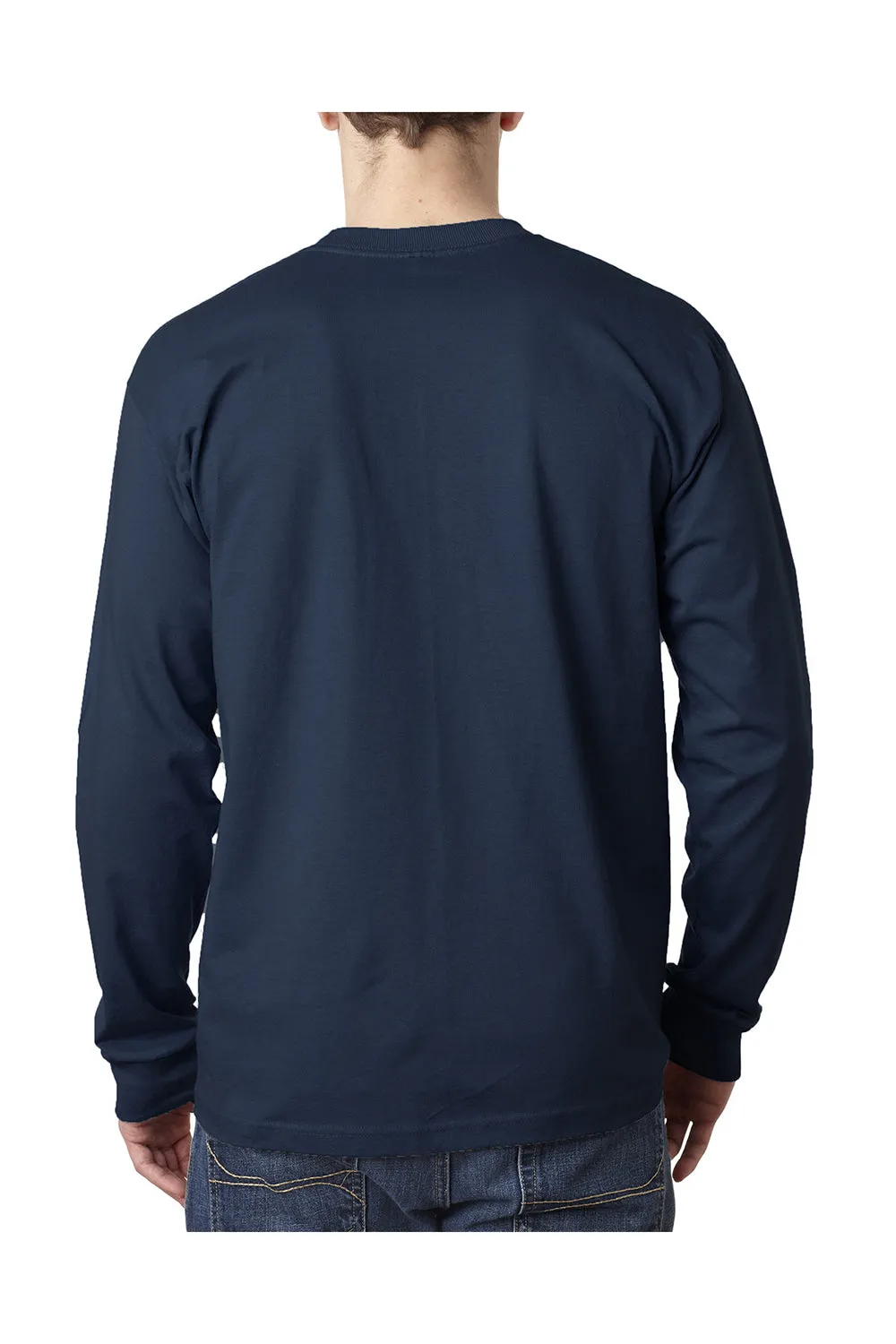 Bayside Mens USA Made Long Sleeve Crewneck T-Shirt w/ Pocket - Navy Blue