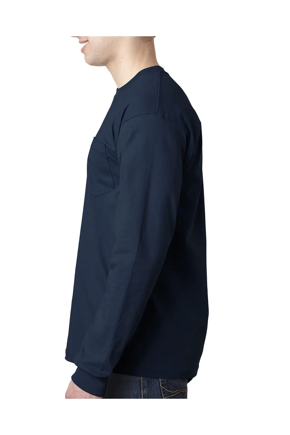 Bayside Mens USA Made Long Sleeve Crewneck T-Shirt w/ Pocket - Navy Blue