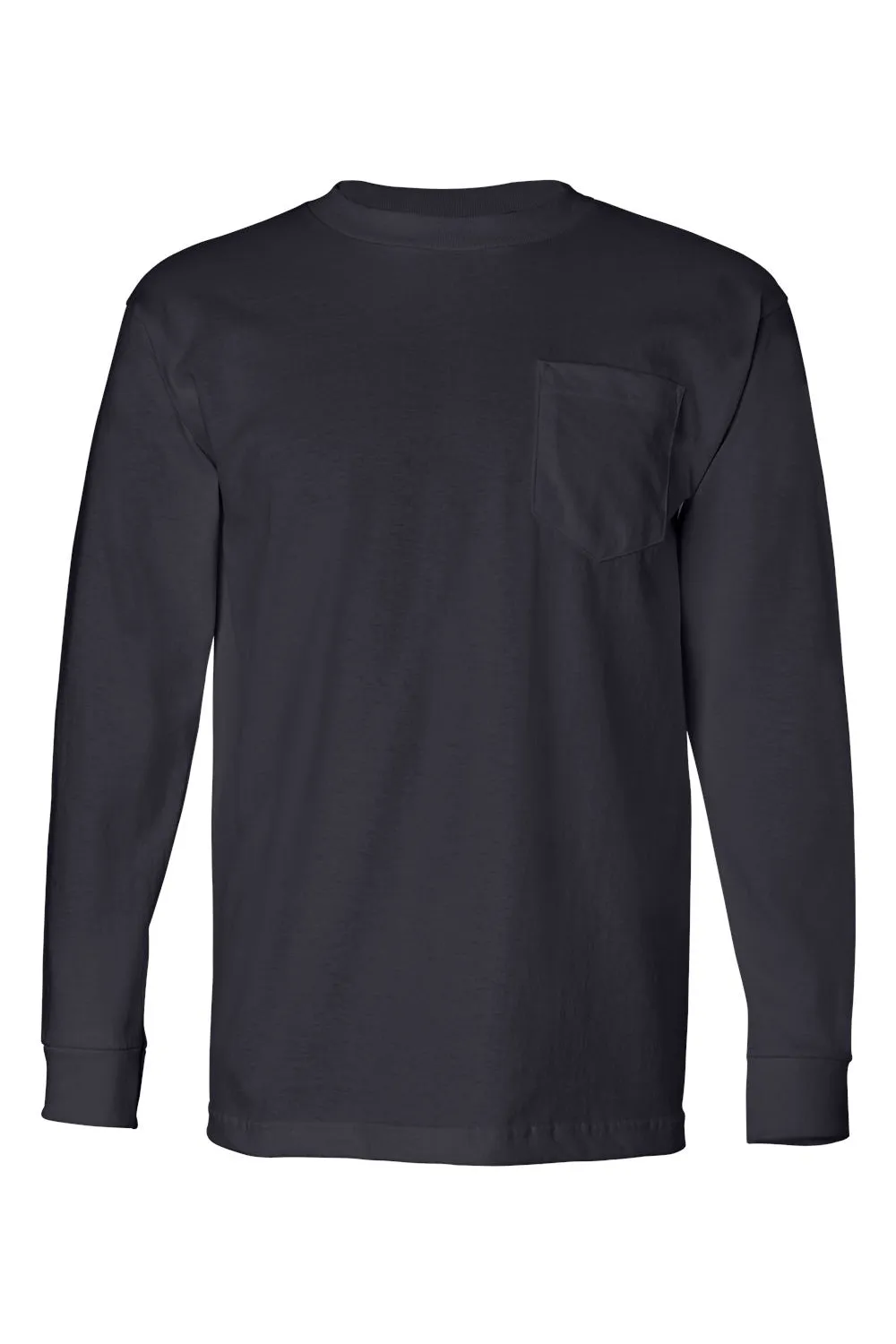 Bayside Mens USA Made Long Sleeve Crewneck T-Shirt w/ Pocket - Navy Blue