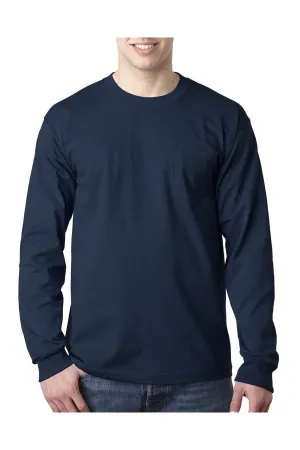 Bayside Mens USA Made Long Sleeve Crewneck T-Shirt w/ Pocket - Navy Blue