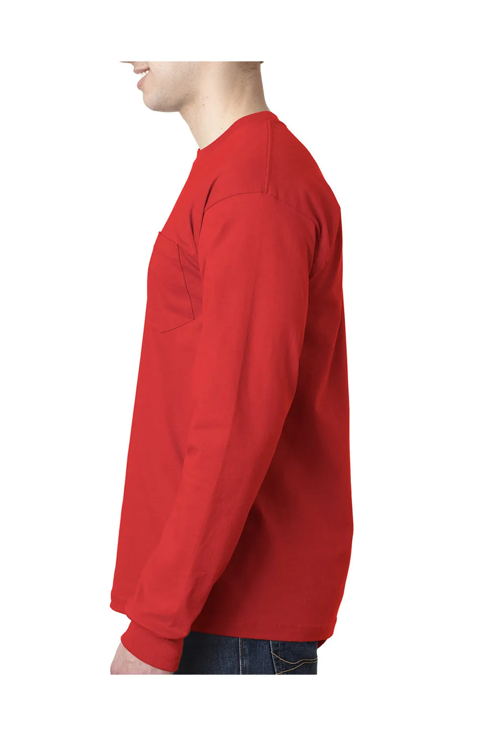 Bayside Mens USA Made Long Sleeve Crewneck T-Shirt w/ Pocket - Red