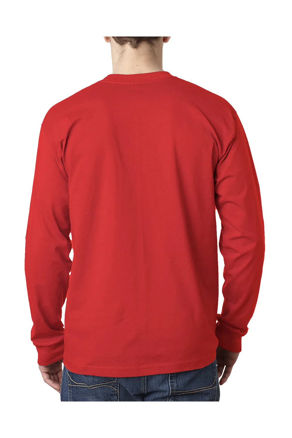 Bayside Mens USA Made Long Sleeve Crewneck T-Shirt w/ Pocket - Red