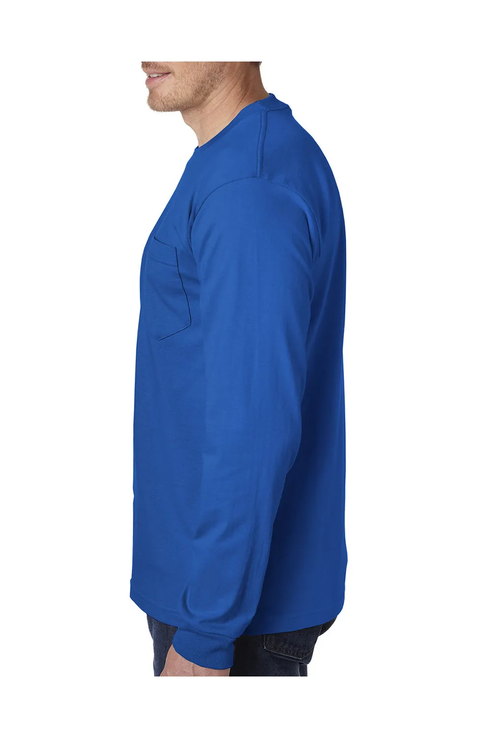 Bayside Mens USA Made Long Sleeve Crewneck T-Shirt w/ Pocket - Royal Blue