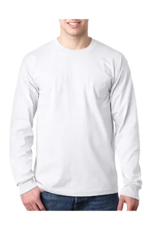 Bayside Mens USA Made Long Sleeve Crewneck T-Shirt w/ Pocket - White