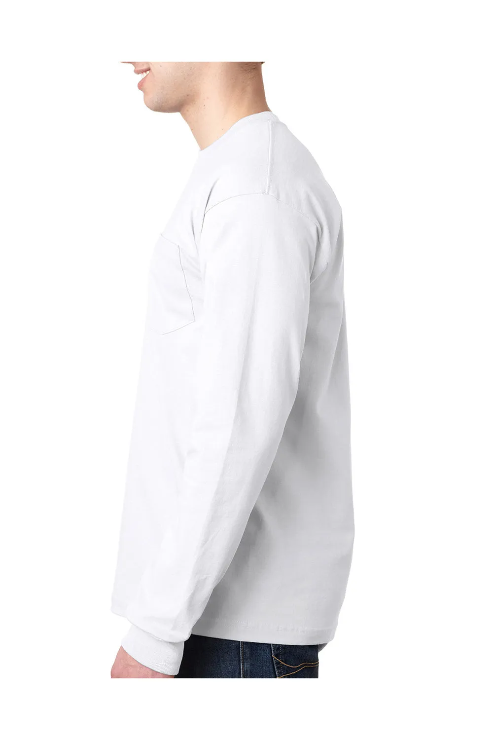Bayside Mens USA Made Long Sleeve Crewneck T-Shirt w/ Pocket - White