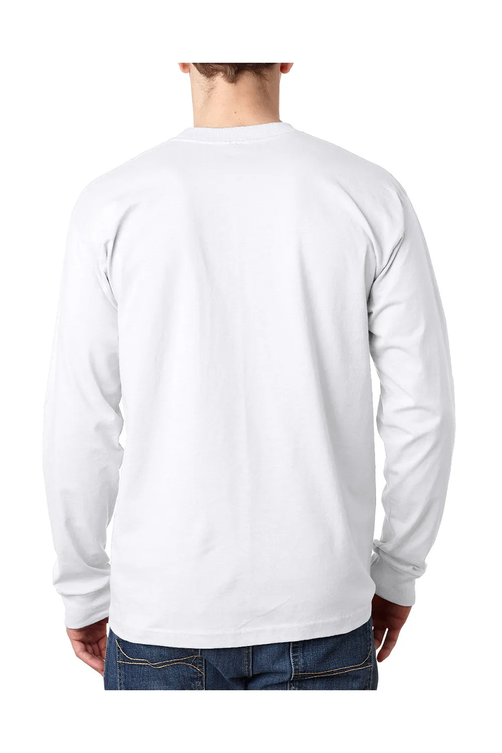 Bayside Mens USA Made Long Sleeve Crewneck T-Shirt w/ Pocket - White