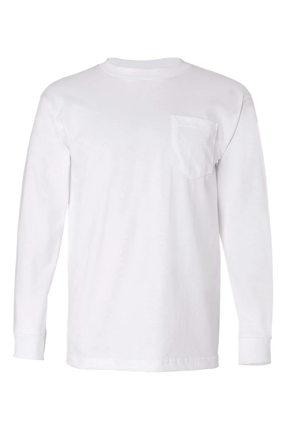 Bayside Mens USA Made Long Sleeve Crewneck T-Shirt w/ Pocket - White