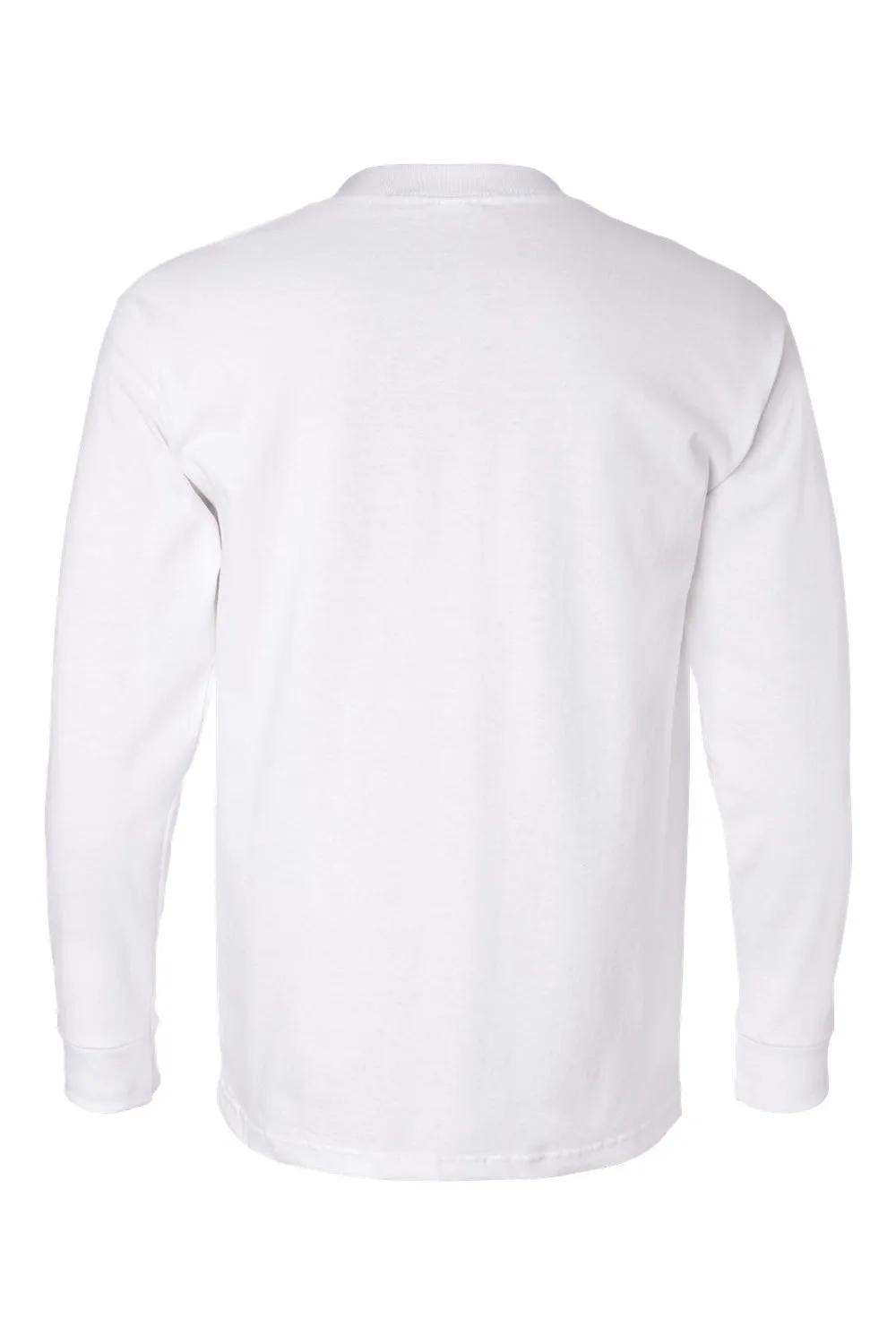 Bayside Mens USA Made Long Sleeve Crewneck T-Shirt w/ Pocket - White