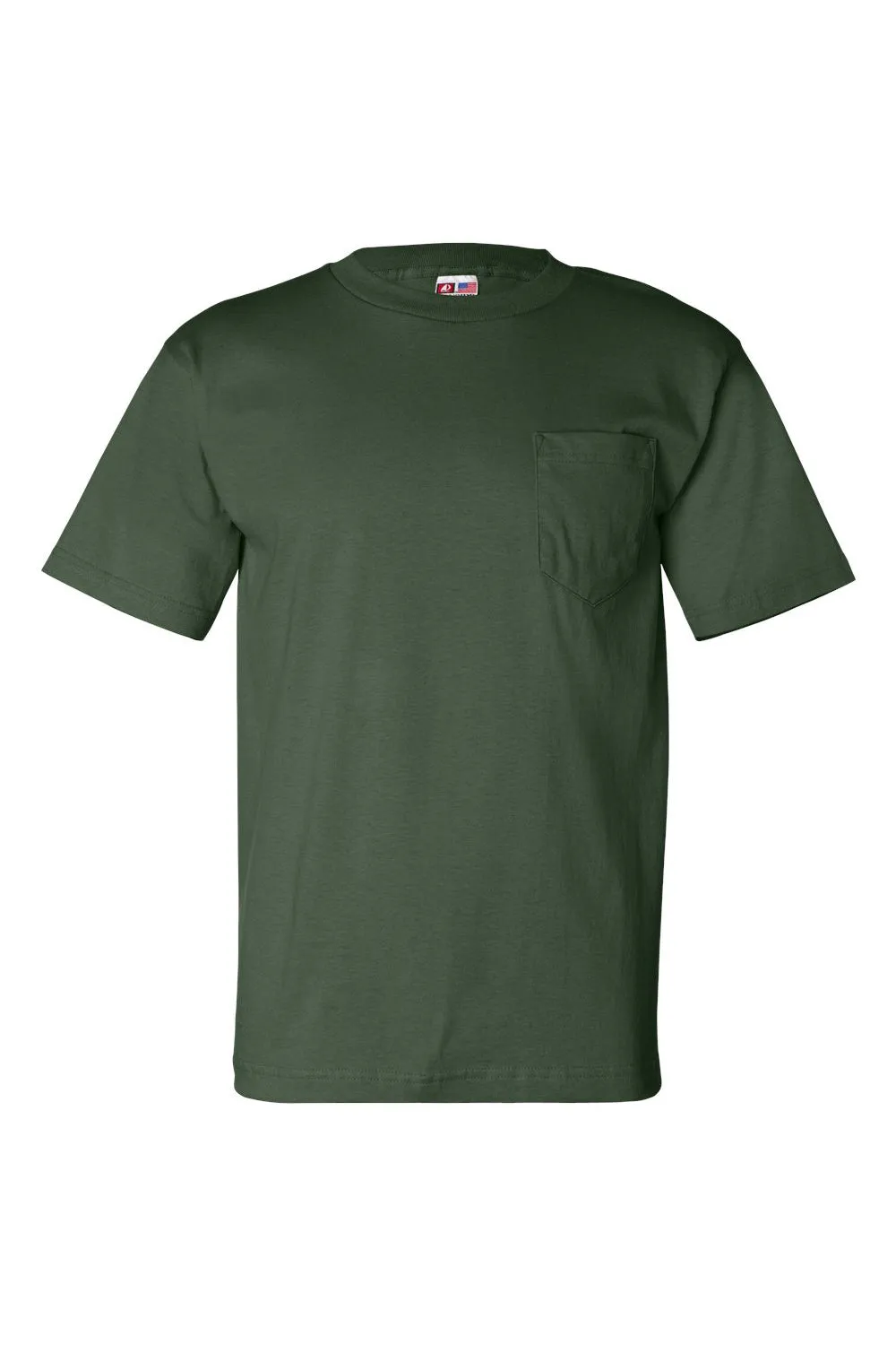 Bayside Mens USA Made Short Sleeve Crewneck T-Shirt w/ Pocket - Forest Green