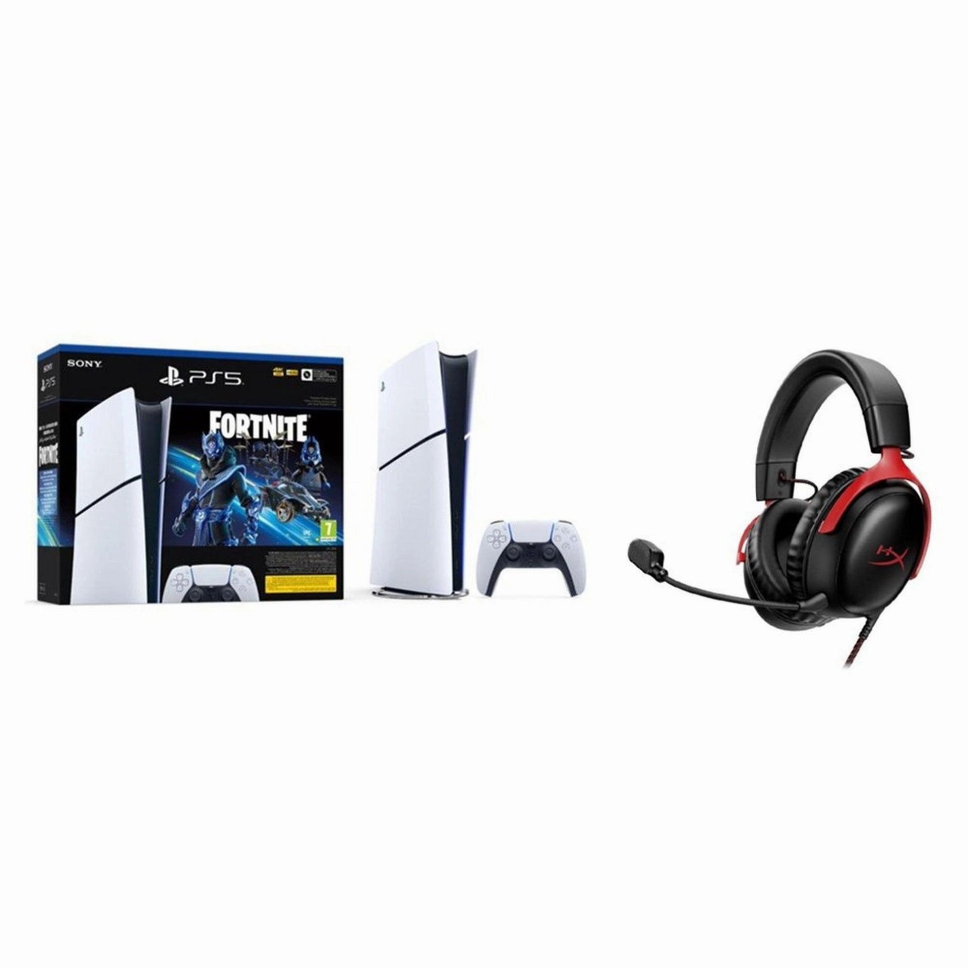 Bundle:PS5 Slim Console Digital Fortnite Cobalt   HyperX Cloud III Gaming Headset - Black/Red