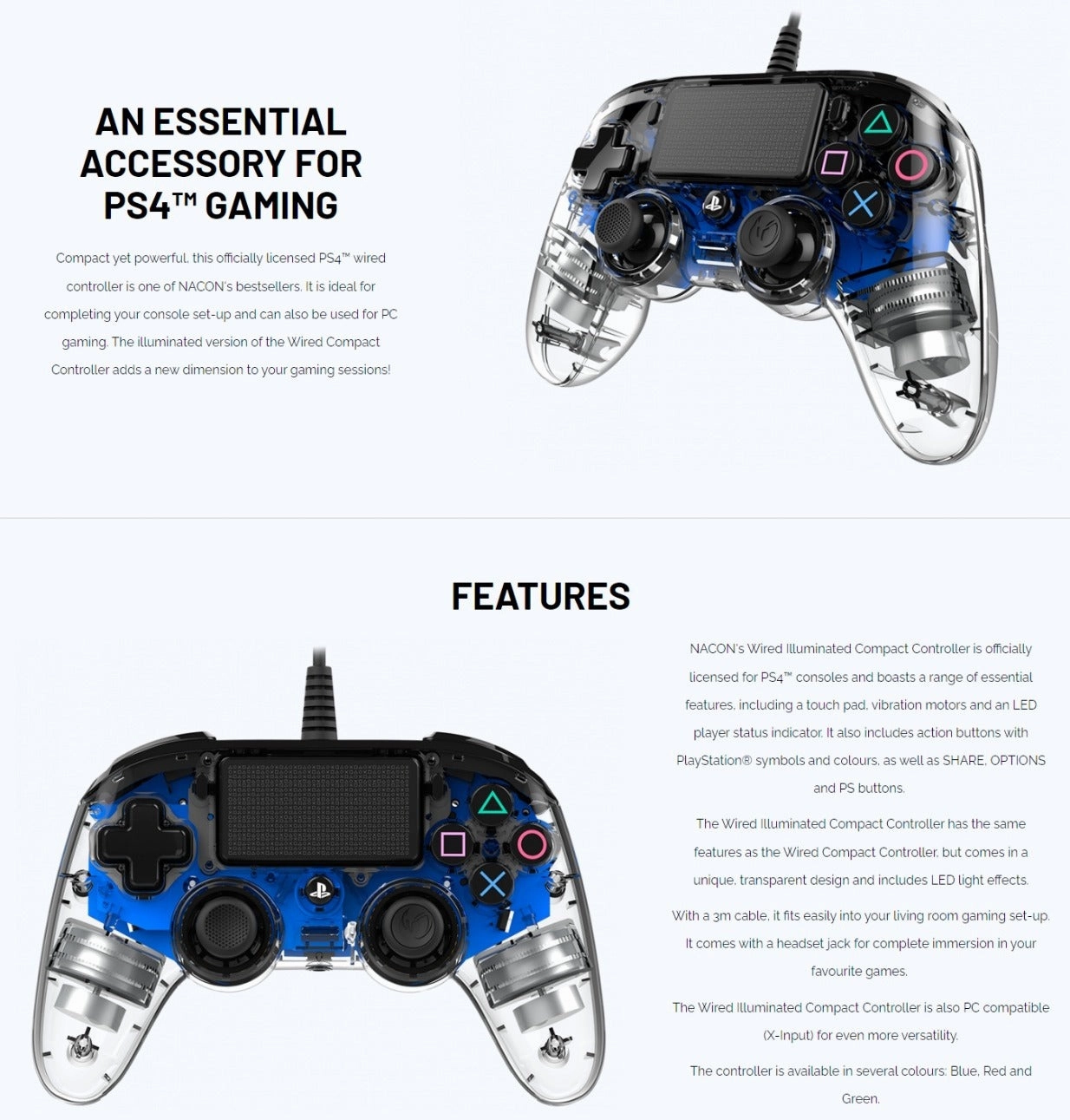 Nacon Wired Illuminated Compact Controller For PlayStation 4 - Blue