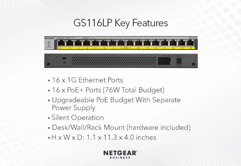 Netgear 16-port Gigabit Ethernet Unmanaged FlexPoE PoE  Switchwith 16 PoE  Ports (76W)