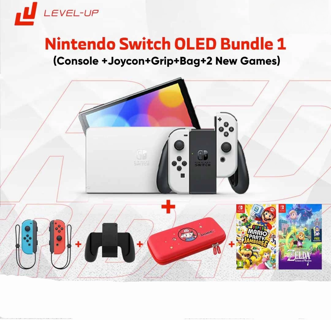 Nintendo Switch OLED Bundle 1: (Console  Joycon Grip Bag 2 New Games Mario Party Jamboree & Legend of Zelda: Echoes of Wisdom)