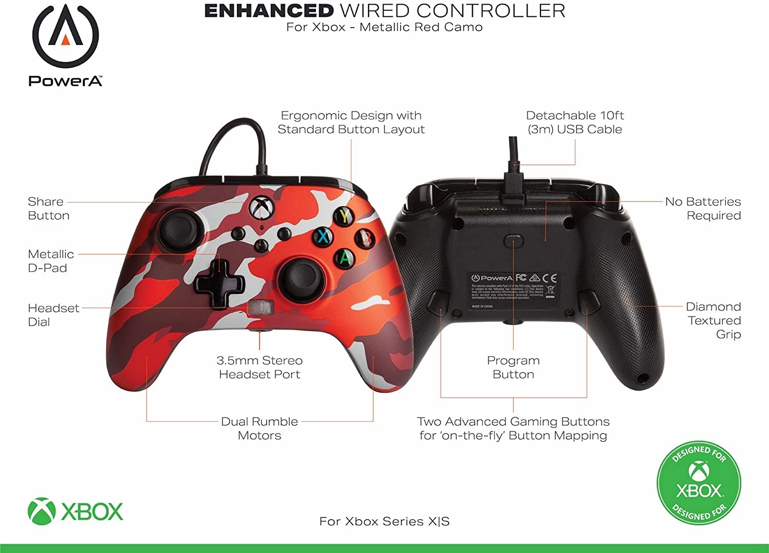 PowerA Enhanced Wired Controller For Xbox - Metallic Red Camo