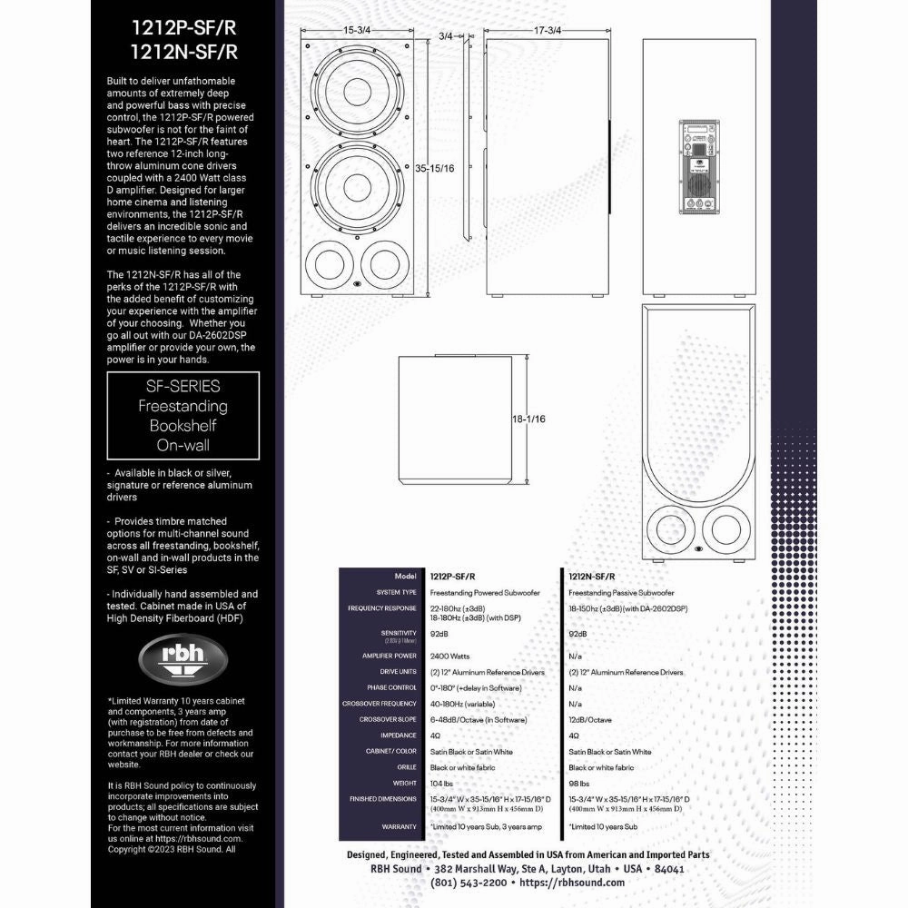 RBH Sound 1212N-SF/R Freestanding Non-Powered Subwoofer (Each)