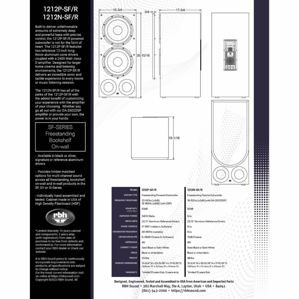RBH Sound 1212P-SF/R Freestanding Powered Subwoofer (Each)