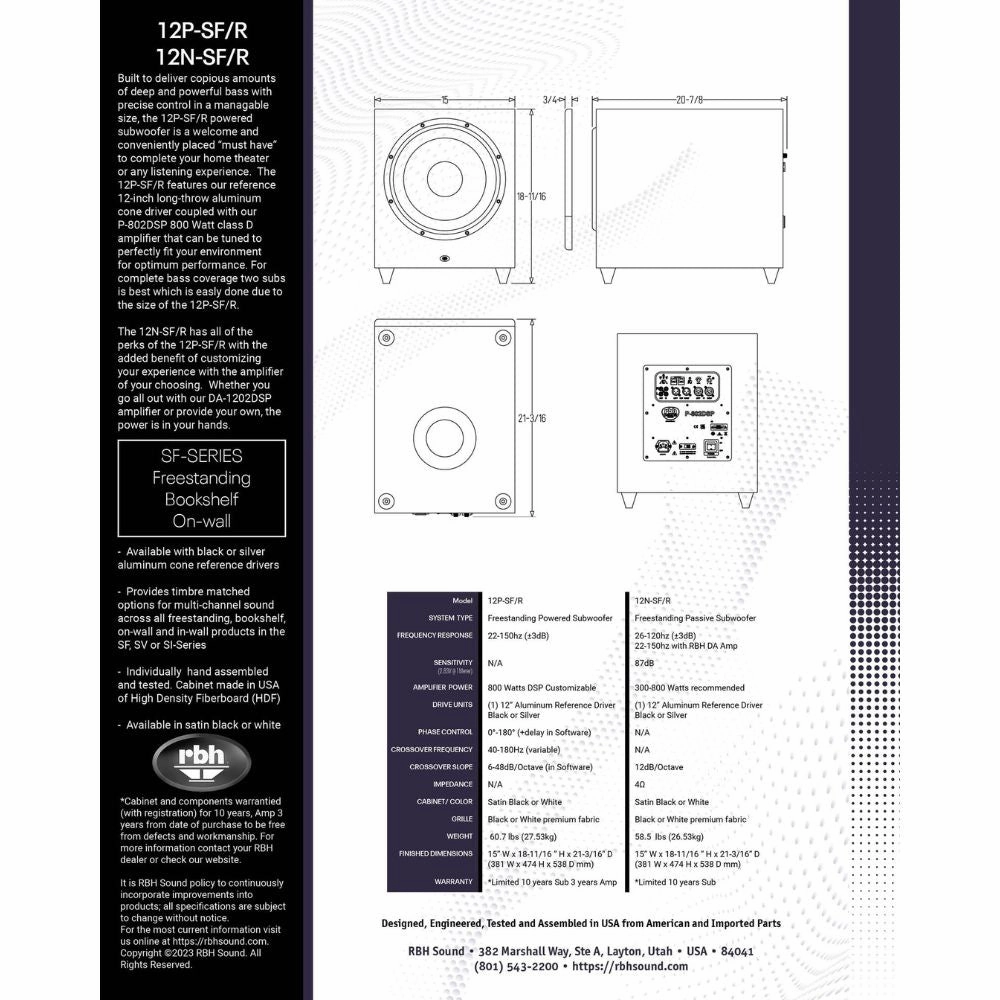 RBH Sound 12N-SF/R Freestanding Non-Powered Subwoofer (Each)