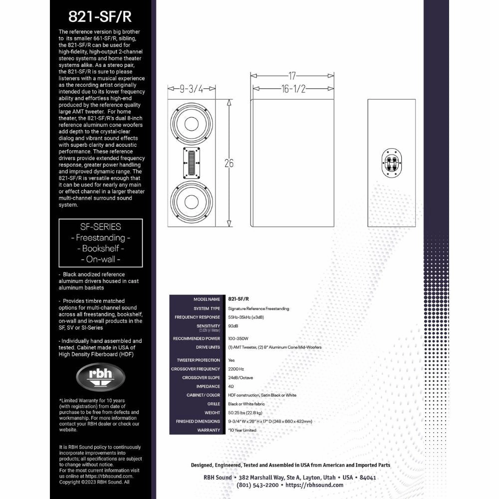 RBH Sound 821-SF/R 2-way Large Bookshelf Speaker (Each)