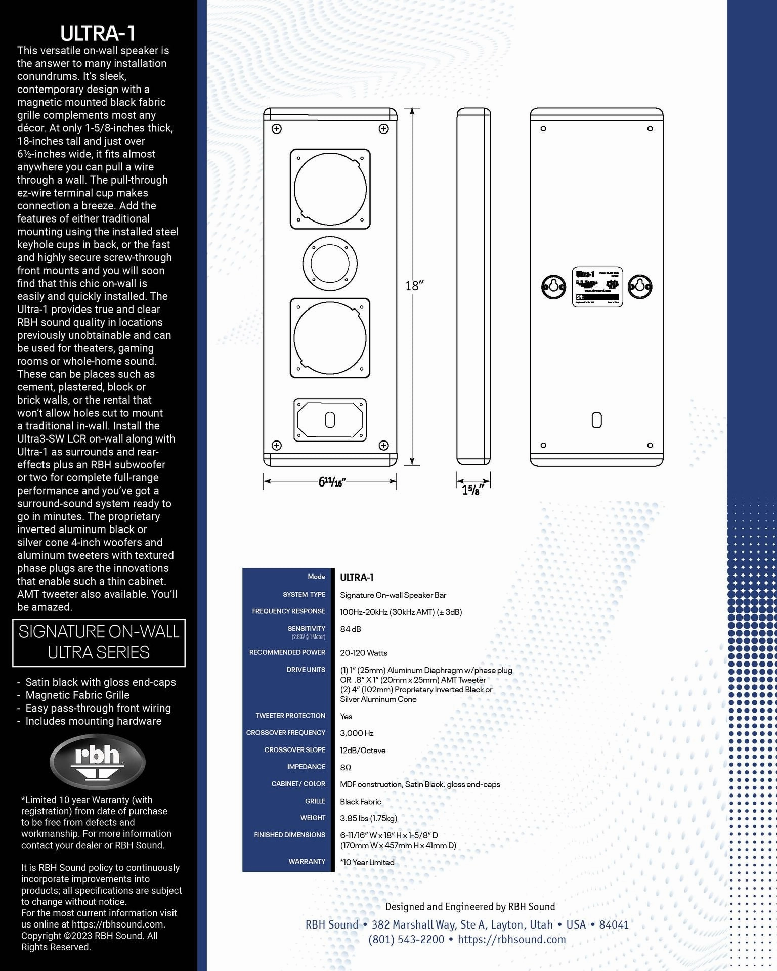 RBH Ultra3-SW 2-way 3-channel speaker-bar (non-powered)