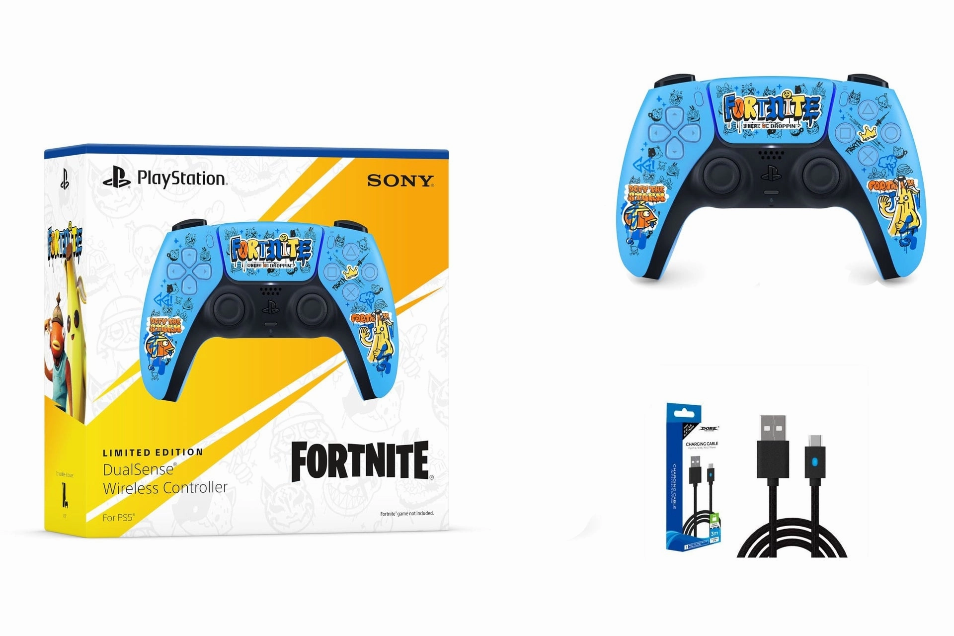 Special Offer: PS5 DualSense Wireless Controller Fortnite Limited Edition With DOBE PS5 CHARGING CABLE 3M TY-0803B