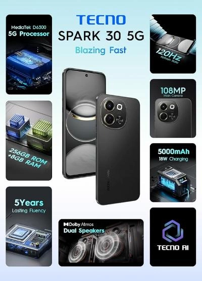Tecno Spark 30 5G, 6GB   6GB Extended & 128GB, 6.7Inch, 5000MAh, Midnight Shadow